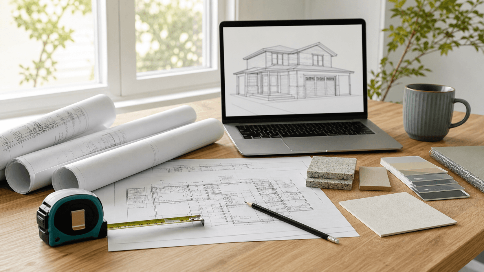 Home renovation planning workspace with blueprints, measuring tape, laptop, and material samples